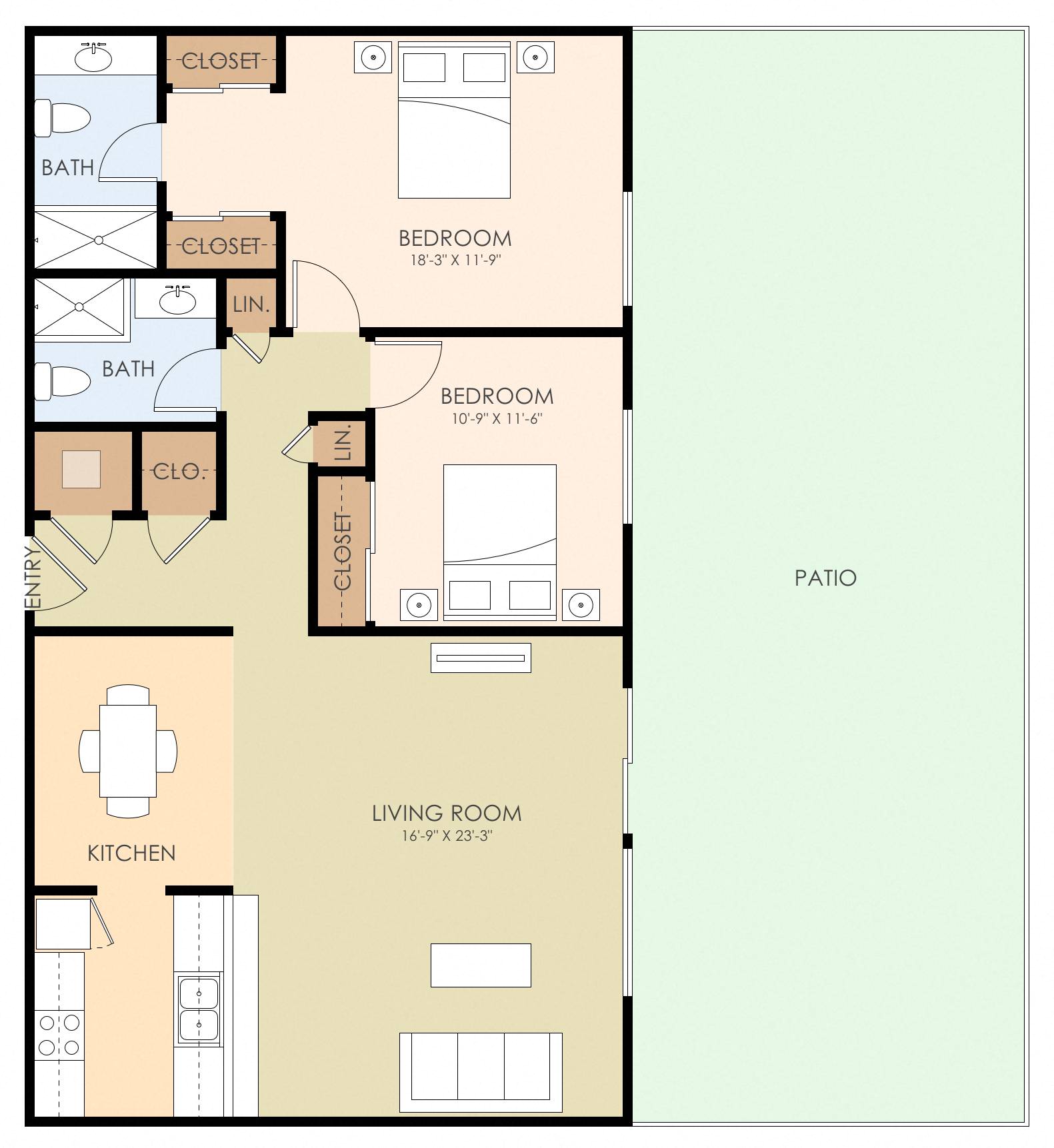 Floor plan for 2 beds, 2 baths